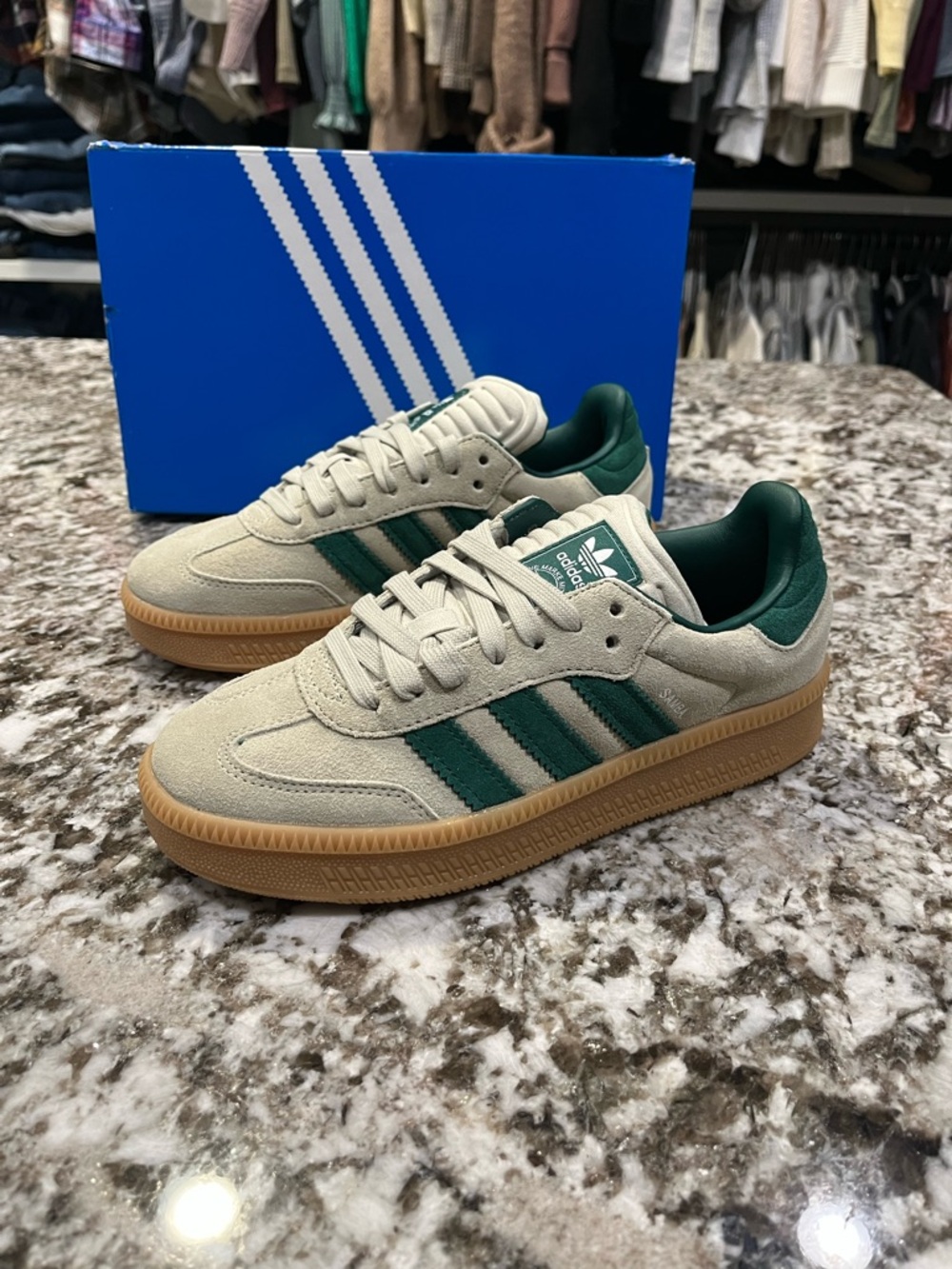 Size 7Y / 8W adidas Samba XLG Putty Grey / Collegiate Green / Gum JQ9886